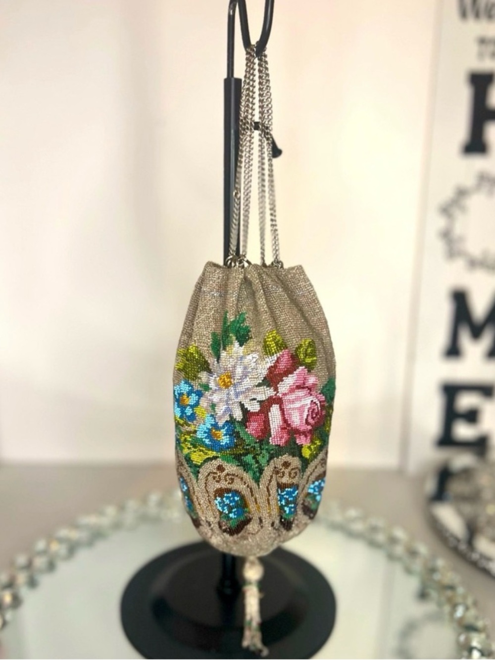 Antique Victorian Floral Beaded 1920s Floral Glass Bead with silver wrislet